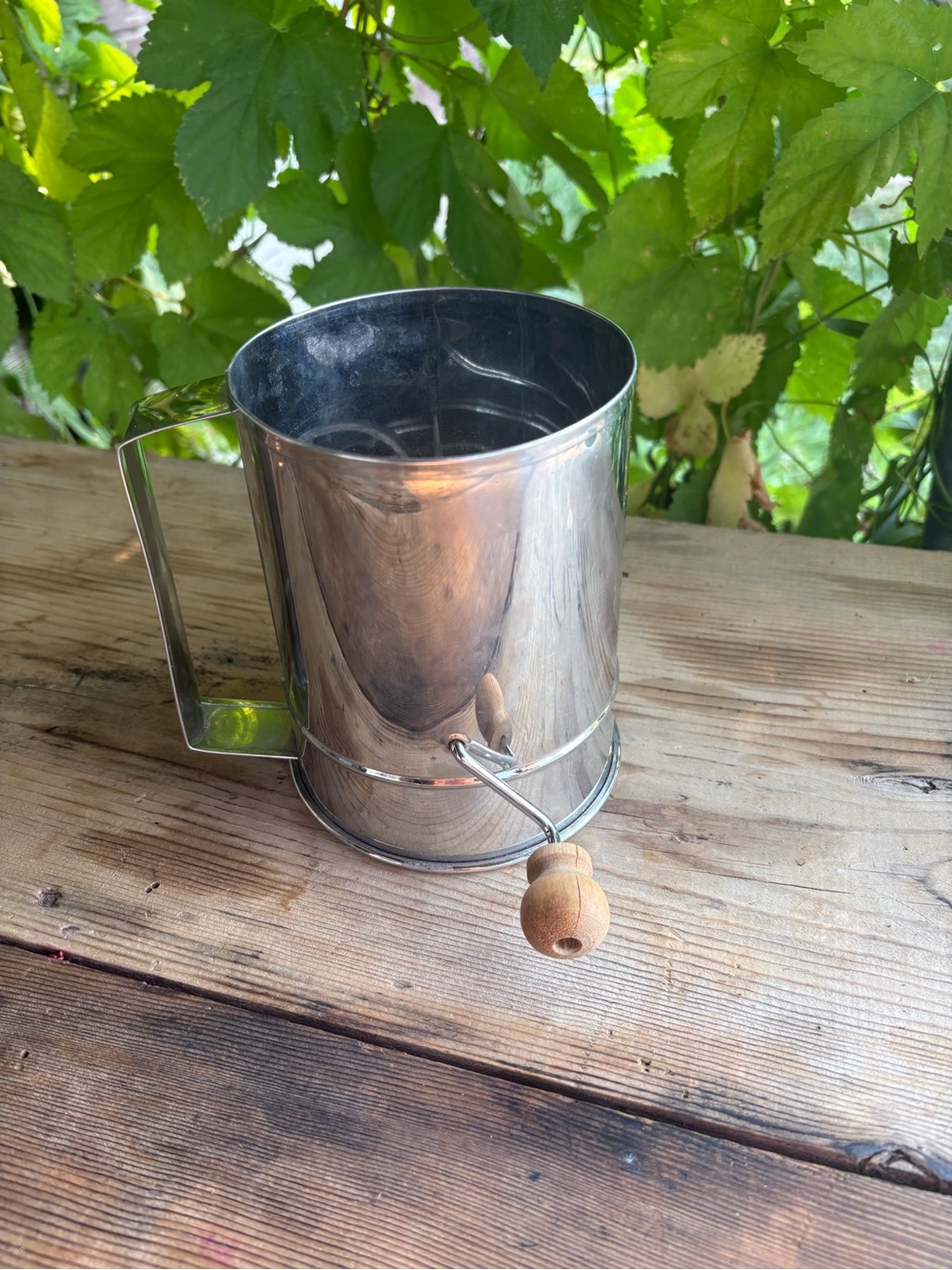 Vintage Stainless Steel Flour Sifter with Wooden Crank - Silver